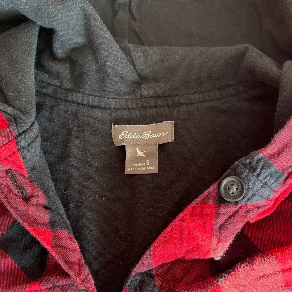 Eddie Bauer Red and Black Plaid Hooded Flannel Shirt